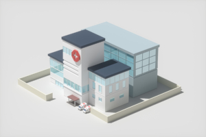 Hospital model with white background,3d rendering. Computer digital drawing.