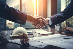 Image of Architects Shaking Hands Over a Desk with a Construction Hard Hat